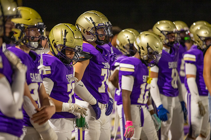 A group of football players in purple jerseys and gold helmets