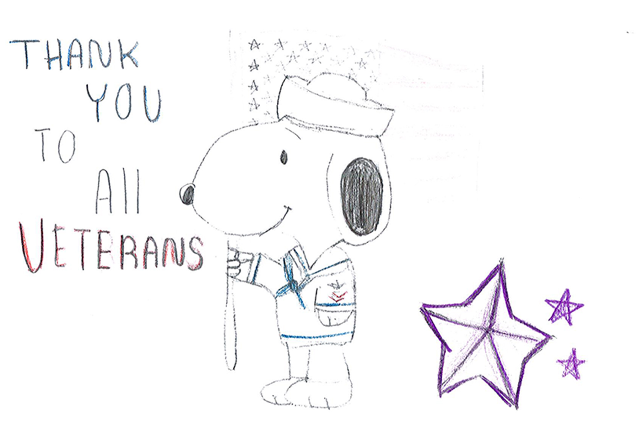 A card reading Thank You to All Veterans with a drawing of Snoopy the dog holding an American flag and a purple star