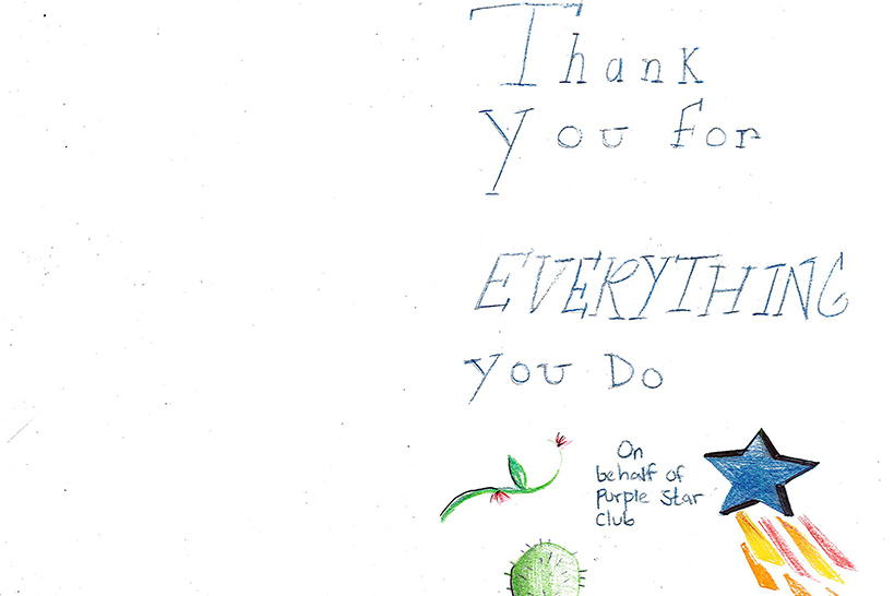 A card reading Thank You for Everything You Do On behalf of Purple Star Club with a drawing of a star and a cactus