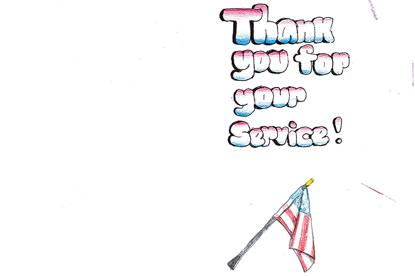 A card reading Thank You for your Service and a drawing of the American flag